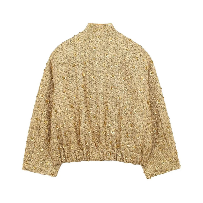Fashion Golden Woolen Sequined Stand-collar Double-pocket Jacket,Coat-Jacket