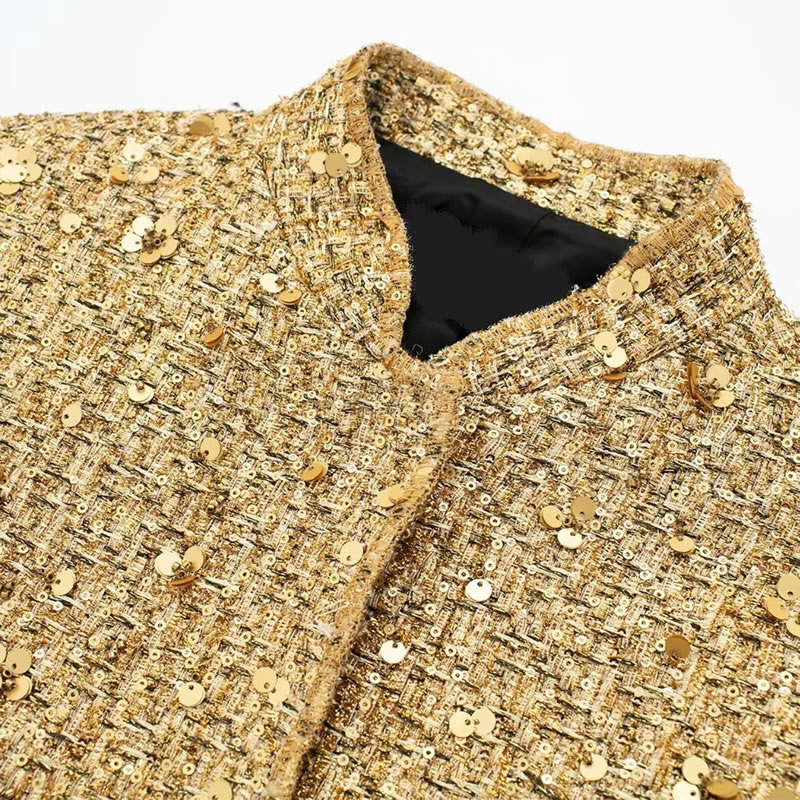 Fashion Golden Woolen Sequined Stand-collar Double-pocket Jacket,Coat-Jacket