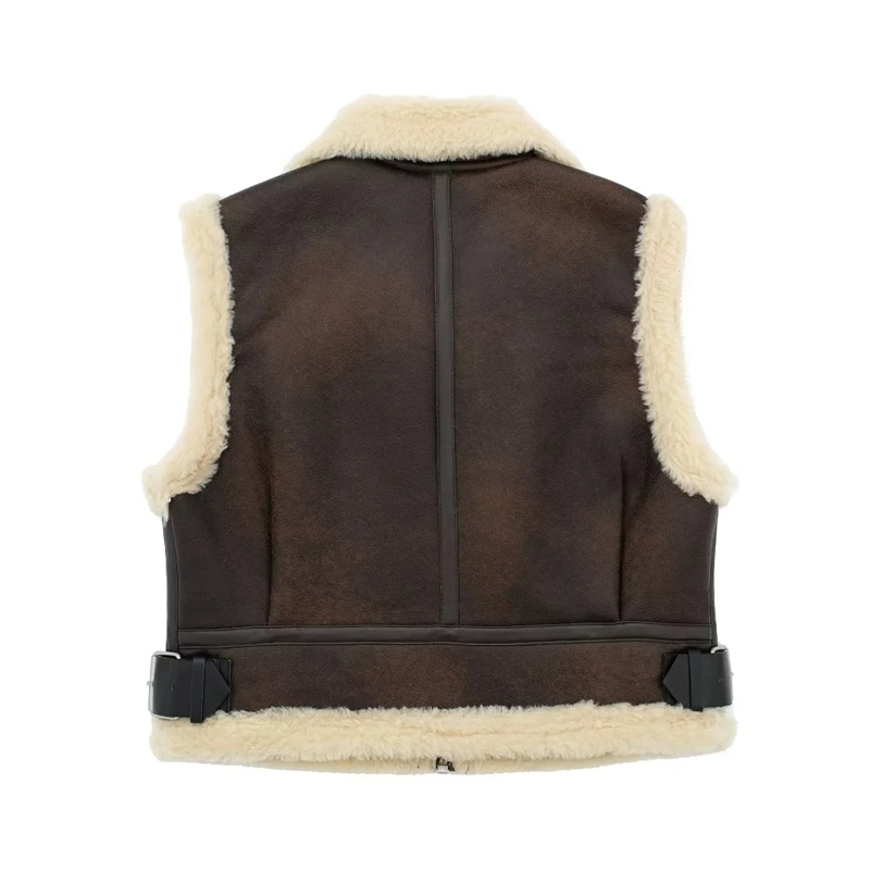 Fashion Brown Blended Plush Lapel Double-zip Vest Jacket,Coat-Jacket