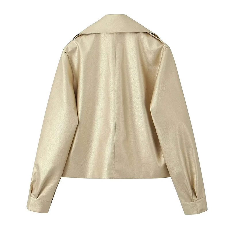 Fashion Golden Polyester Shiny Leather Lapel Jacket,Coat-Jacket