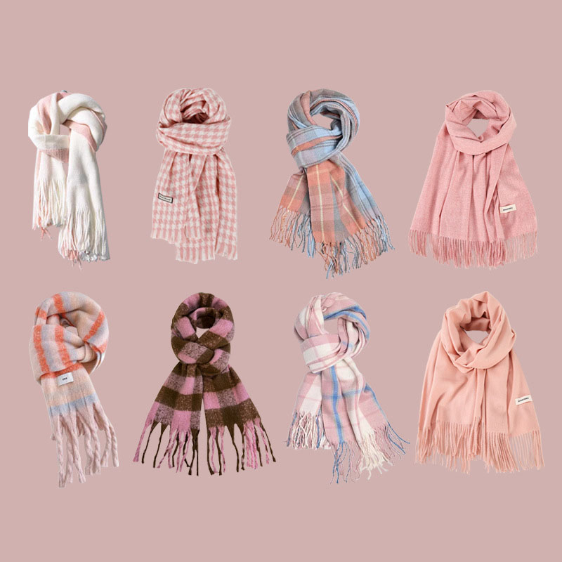 Fashion Double-sided Solid Color (pink + Gray) Blended Knit Fringed Scarf,knitting Wool Scaves