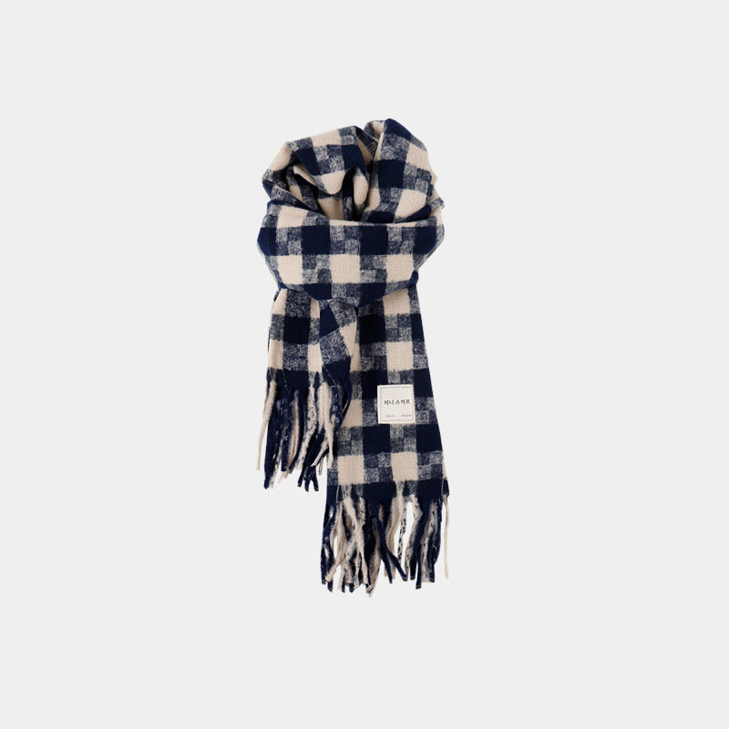 Fashion Navy Blue Houndstooth Blend Check Knit Fringed Scarf,knitting Wool Scaves