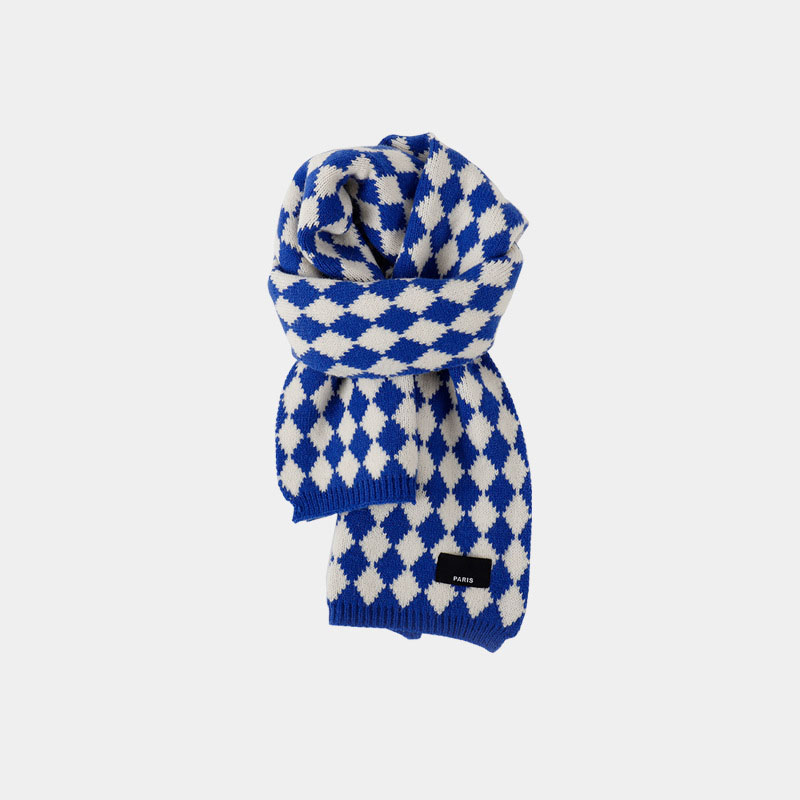 Fashion Navy Blue Houndstooth Blend Check Knit Fringed Scarf,knitting Wool Scaves