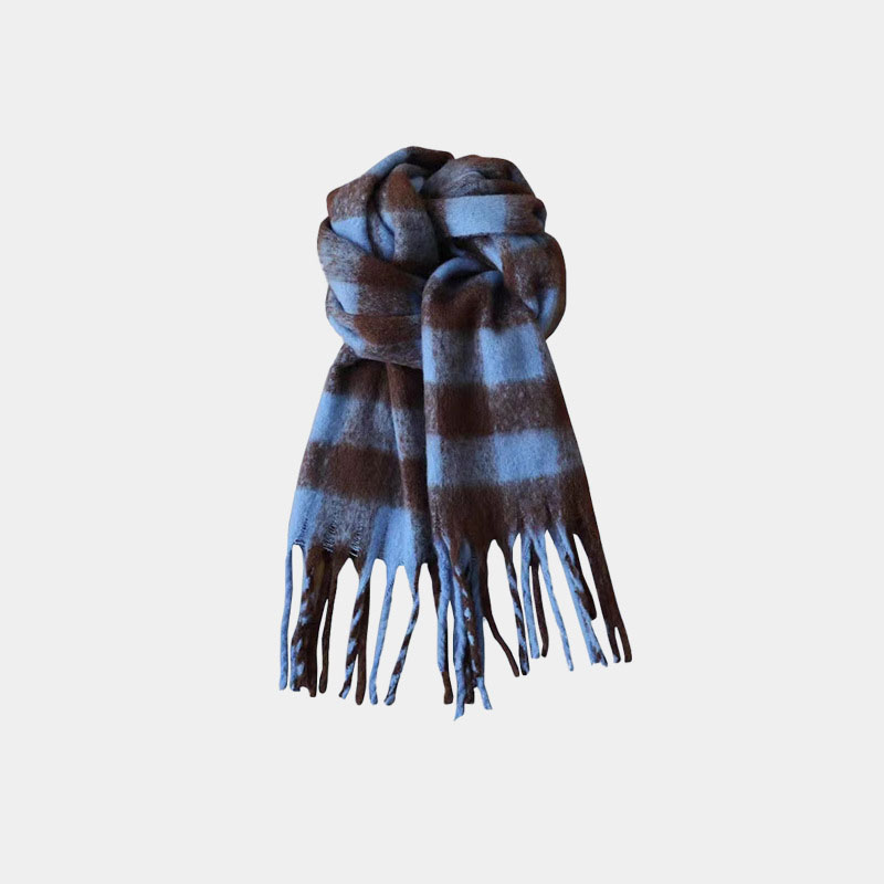 Fashion Klein Blue Large Grid Blend Check Knit Fringed Scarf,knitting Wool Scaves