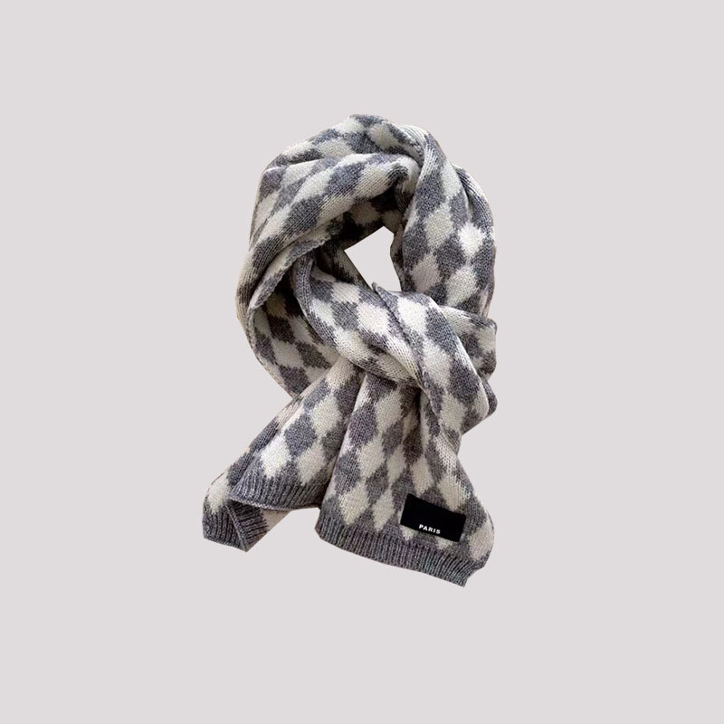 Fashion Gray Relief Rhombus Polyester Checked Knit Fringed Scarf,knitting Wool Scaves
