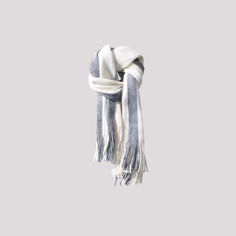 Fashion Gray And White Color Block Scarf Polyester Colorblock Knitted Fringed Scarf,knitting Wool Scaves