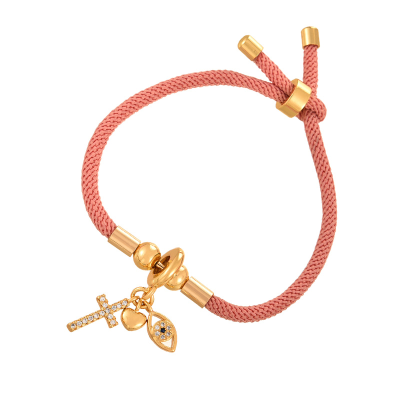 Fashion Pink Copper Inlaid Zirconium Cross Eye Pendant Braided Bracelet,Bracelets