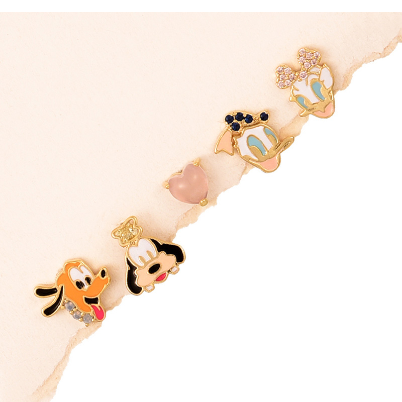 Fashion Color Copper Inlaid Zircon Oil Dripping Cartoon Earrings Set Of 5,Earring Set