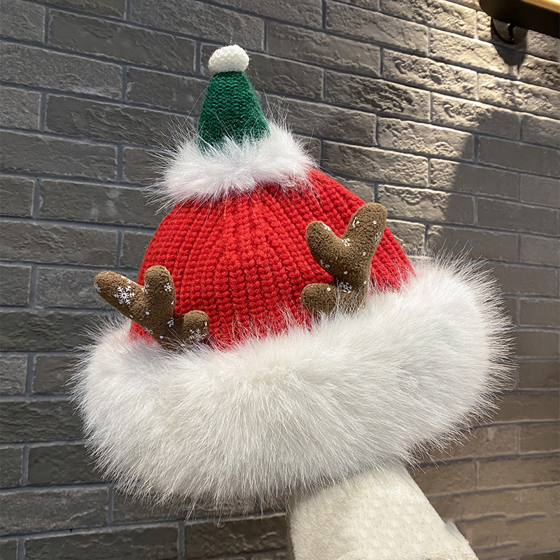 Fashion White Hat (antlers) Acrylic Plush Patchwork Knitted Christmas Elk Antler Beanie,Beanies&Others