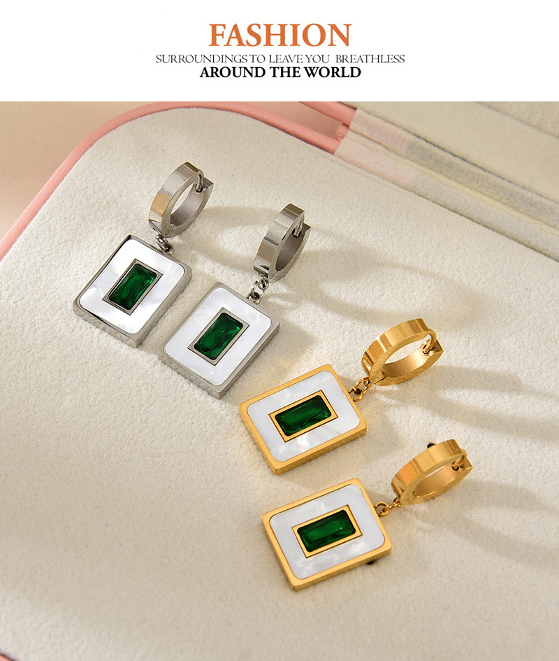 Fashion Gold Titanium Steel Inlaid Zircon Shell Square Earrings,Earrings