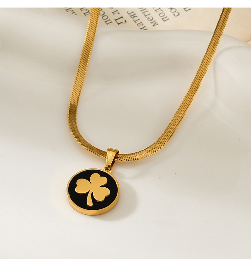 Fashion Gold Titanium Steel Oil Dripping Round Clover Pendant Snake Bone Chain Necklace,Necklaces
