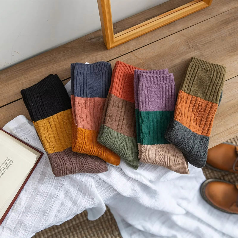Fashion Beige Contrast Striped Twist Knit Mid-calf Socks,Fashion Socks