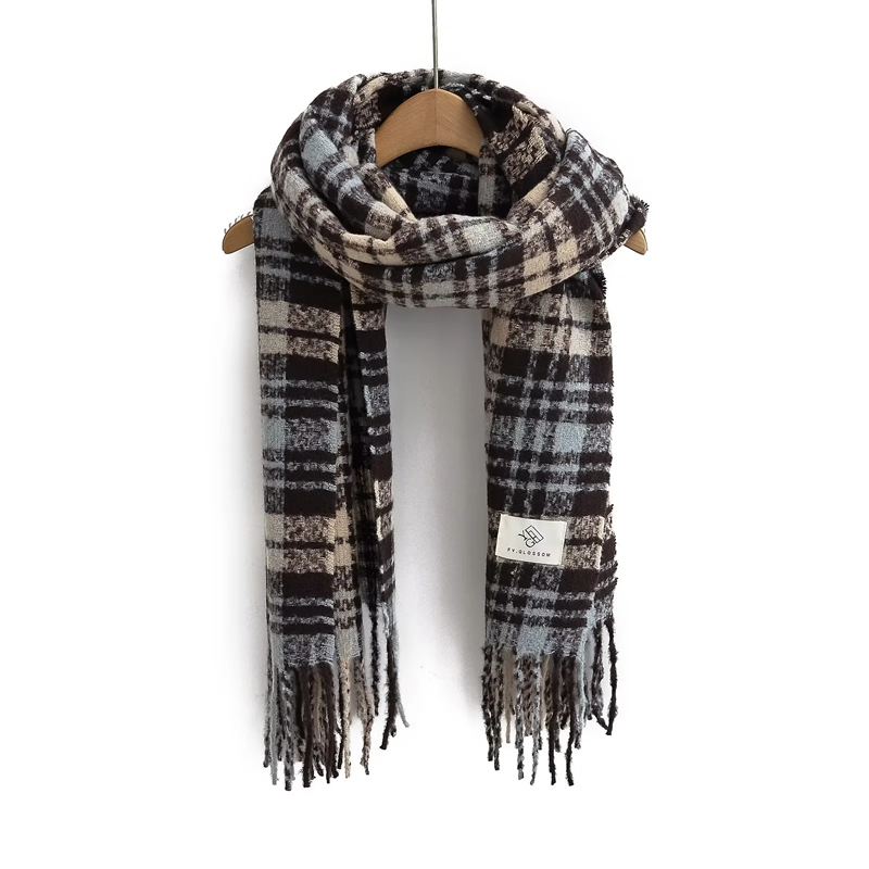 Fashion Temperament Blue Faux Cashmere Plaid Fringed Scarf,knitting Wool Scaves