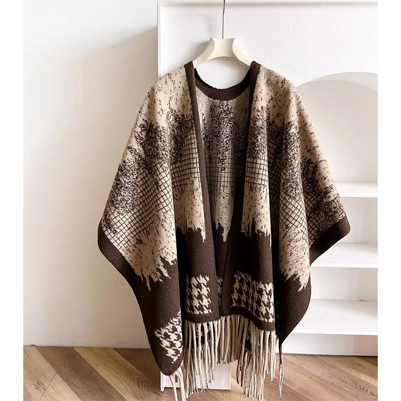 Fashion Coffee Khaki Faux Cashmere Printed Fringed Shawl,knitting Wool Scaves