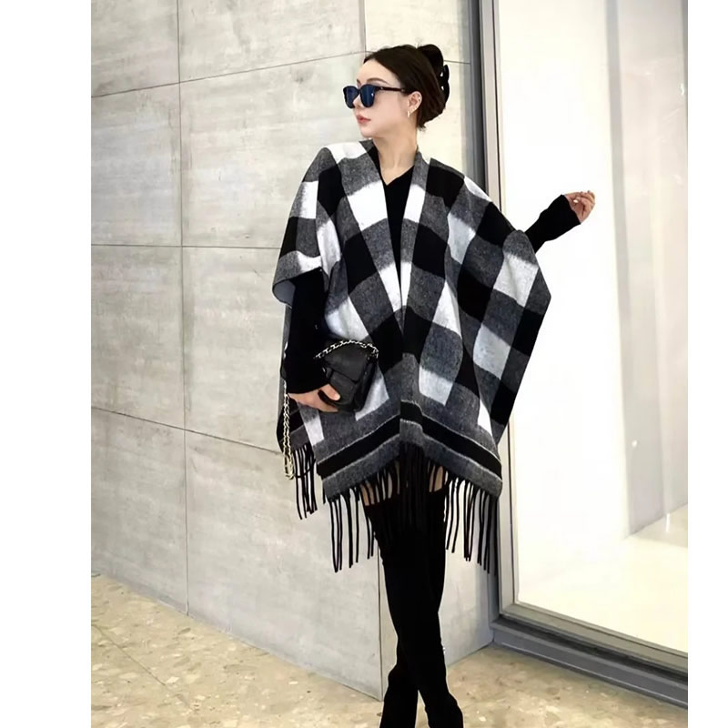 Fashion Black And White Grid Faux Cashmere Plaid Fringed Shawl,knitting Wool Scaves