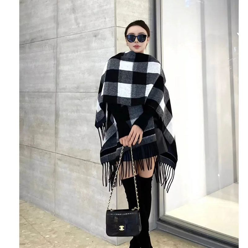 Fashion Black And White Grid Faux Cashmere Plaid Fringed Shawl,knitting Wool Scaves