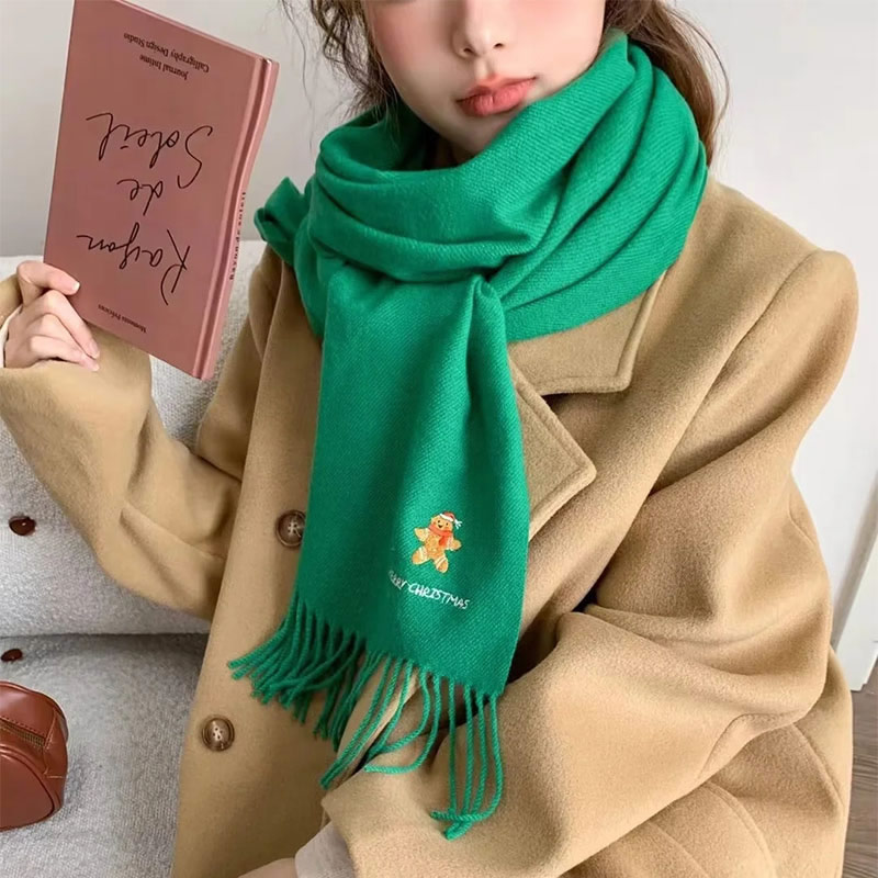 Fashion Green Gingerbread Man Embroidery Christmas Embroidered Cashmere Fringed Scarf,knitting Wool Scaves