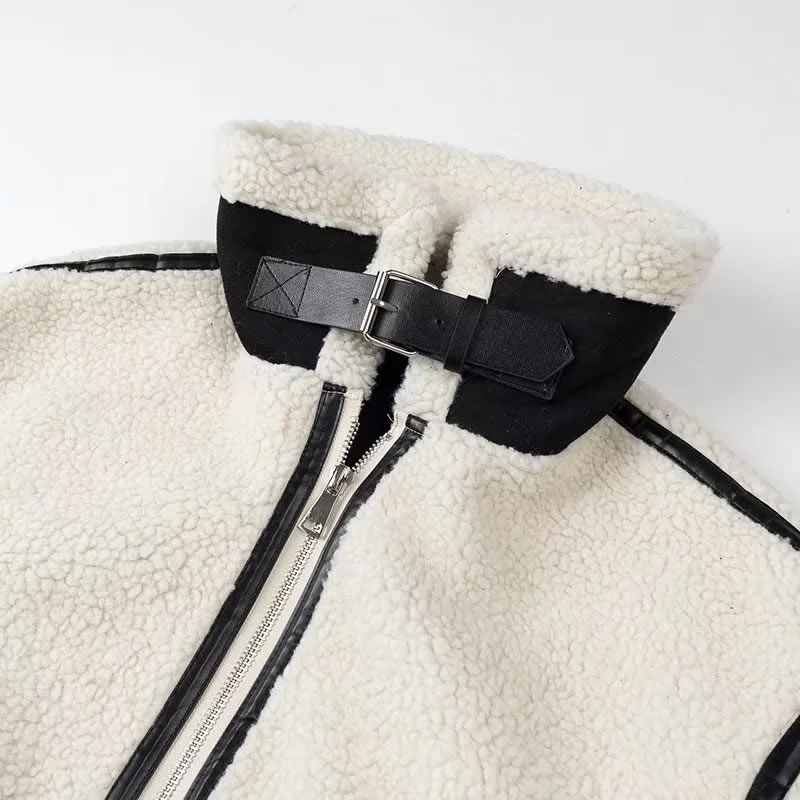 Fashion White Lambswool Lapel Zipped Jacket,Coat-Jacket