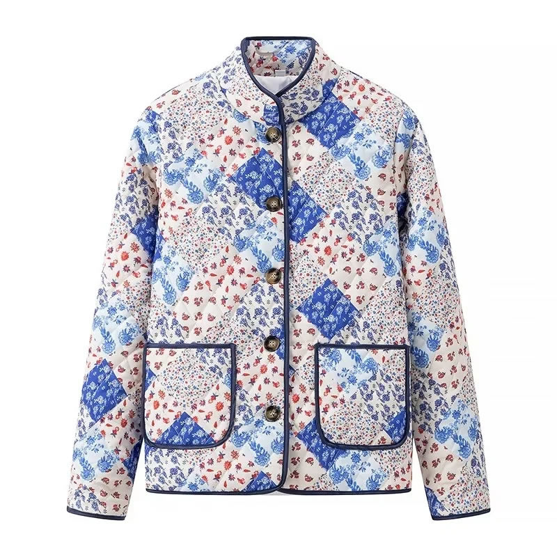 Fashion Color Printed Crew Neck Buttoned Jacket,Coat-Jacket