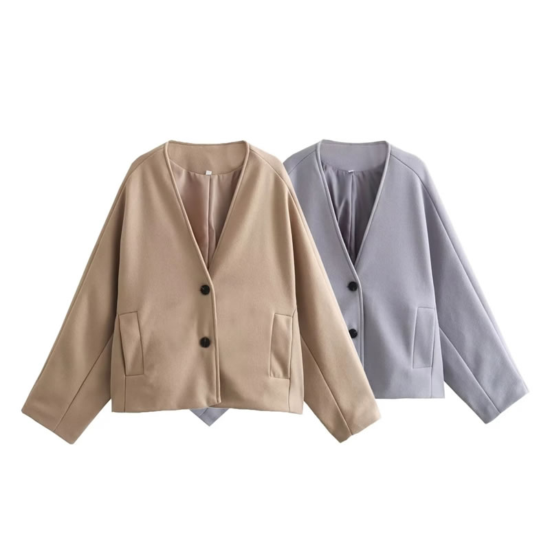 Fashion Khaki Solid Color V-neck Jacket,Coat-Jacket