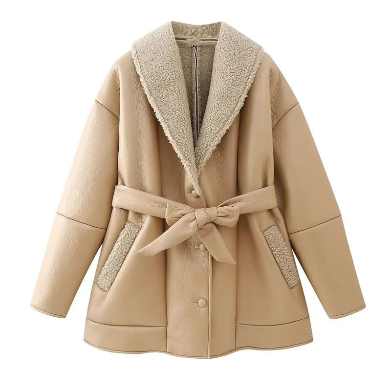 Fashion Light Brown Lambswool Lapel Lace-up Coat,Coat-Jacket