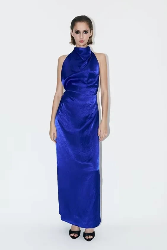 Fashion Blue Polyester Halter Neck Long Skirt,Long Dress
