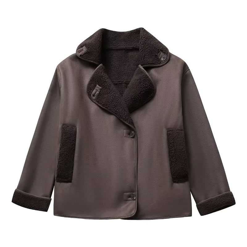 Fashion Dark Brown Lambswool Lapel Buttoned Jacket,Coat-Jacket