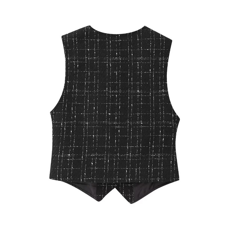 Fashion Black Polyester Check Buttoned Vest,Tank Tops & Camis