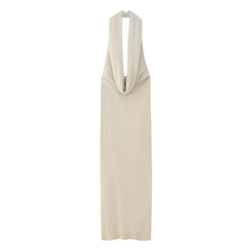 Fashion Beige Gray Metallic Knit Halterneck Long Skirt,Long Dress