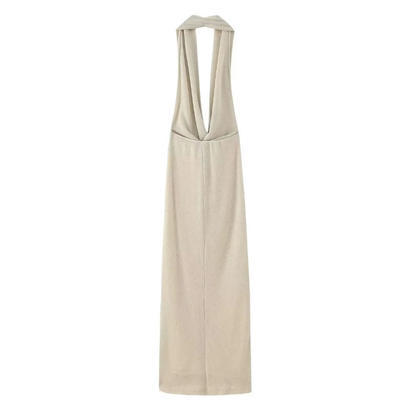 Fashion Beige Gray Metallic Knit Halterneck Long Skirt,Long Dress
