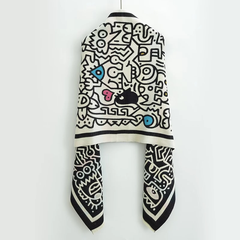 Fashion Black Knitted Printed Fringed Scarf,knitting Wool Scaves