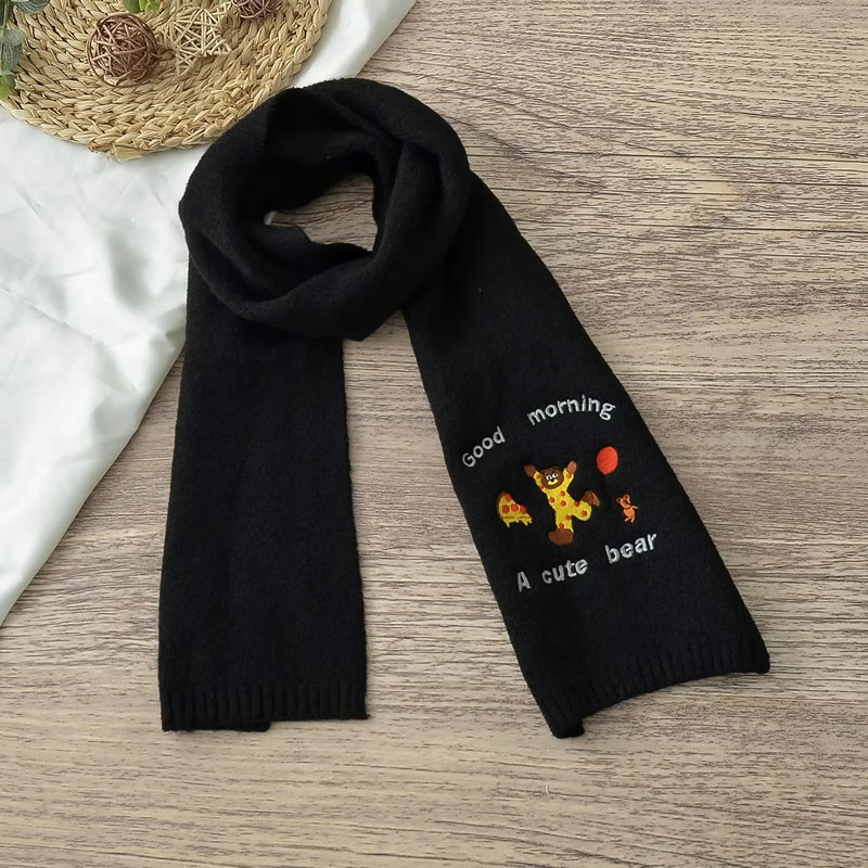 Fashion Black Bear Letter Embroidered Knitted Scarf,knitting Wool Scaves