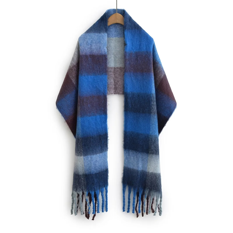 Fashion Blue And Pink Plaid Faux Cashmere Plaid Fringed Scarf,knitting Wool Scaves