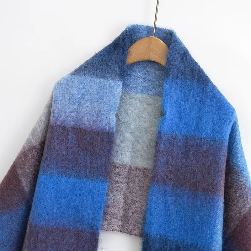 Fashion Blue And Pink Plaid Faux Cashmere Plaid Fringed Scarf,knitting Wool Scaves