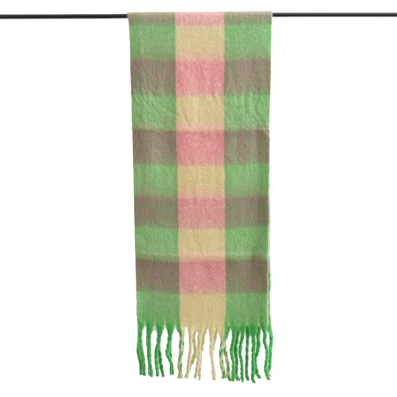 Fashion Pink Green Plaid Faux Cashmere Plaid Fringed Scarf,knitting Wool Scaves