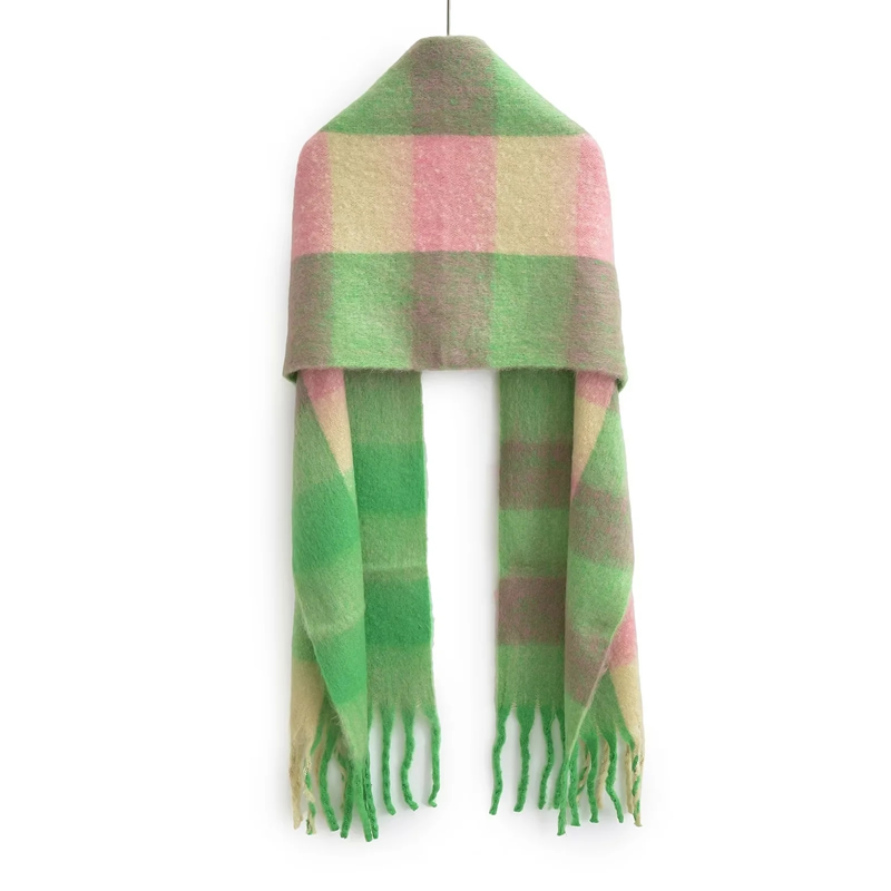 Fashion Pink Green Plaid Faux Cashmere Plaid Fringed Scarf,knitting Wool Scaves