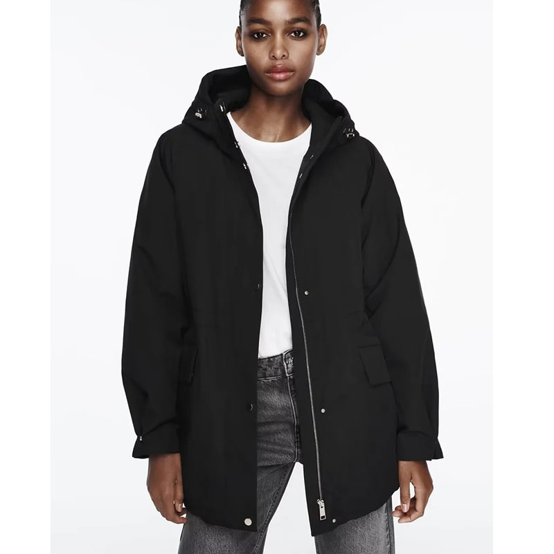 Fashion Black Polyester Buttoned Hooded Jacket,Coat-Jacket