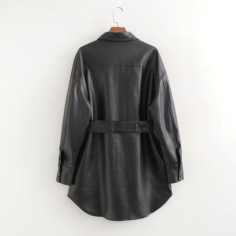 Fashion Black Pu Lapel Buttoned Belted Jacket,Coat-Jacket