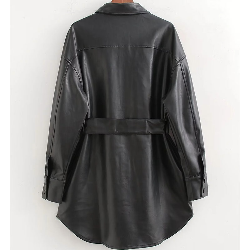 Fashion Black Pu Lapel Buttoned Belted Jacket,Coat-Jacket