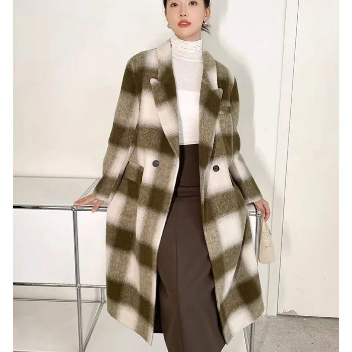 Fashion Green Grid Polyester Checked Lapel Double-breasted Coat,Coat-Jacket