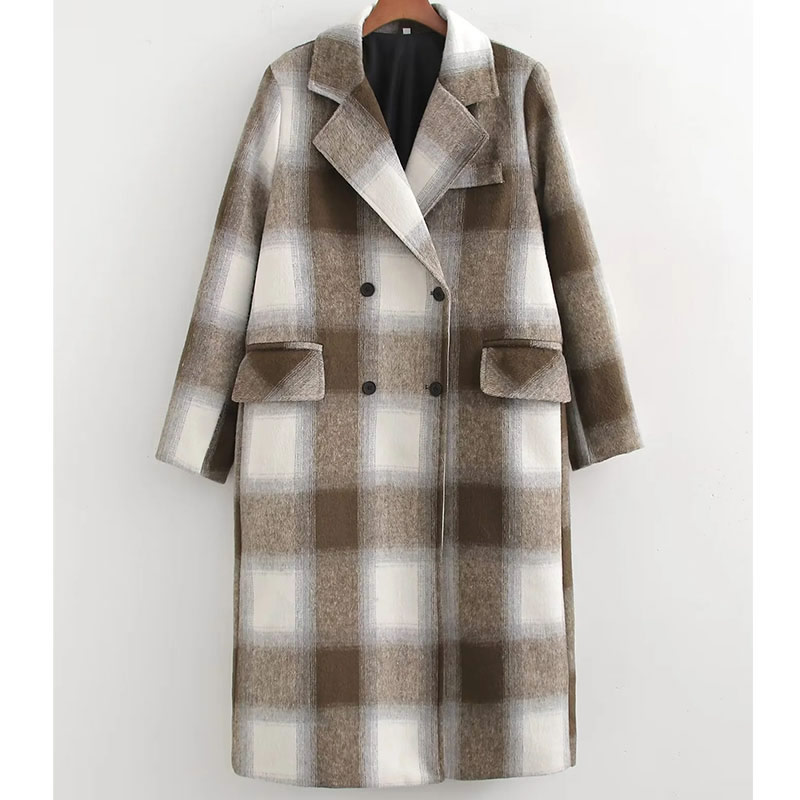 Fashion Green Grid Polyester Checked Lapel Double-breasted Coat,Coat-Jacket