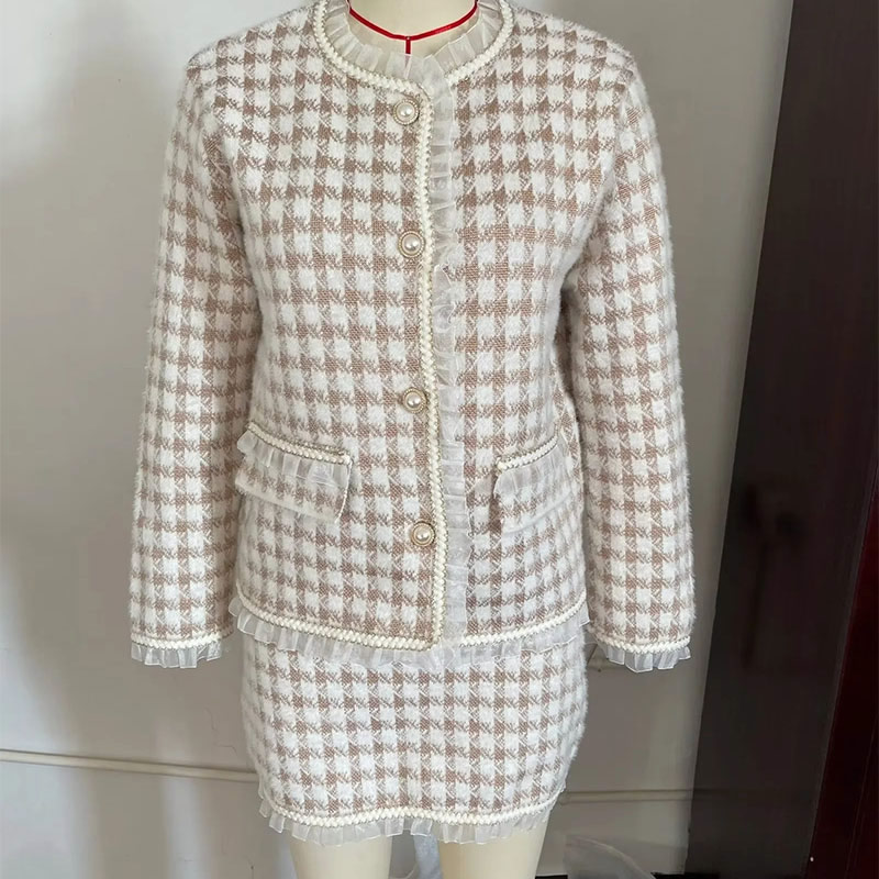 Fashion Suit Houndstooth Patchwork Lace Buttoned Jacket And Skirt Suit,Coat-Jacket