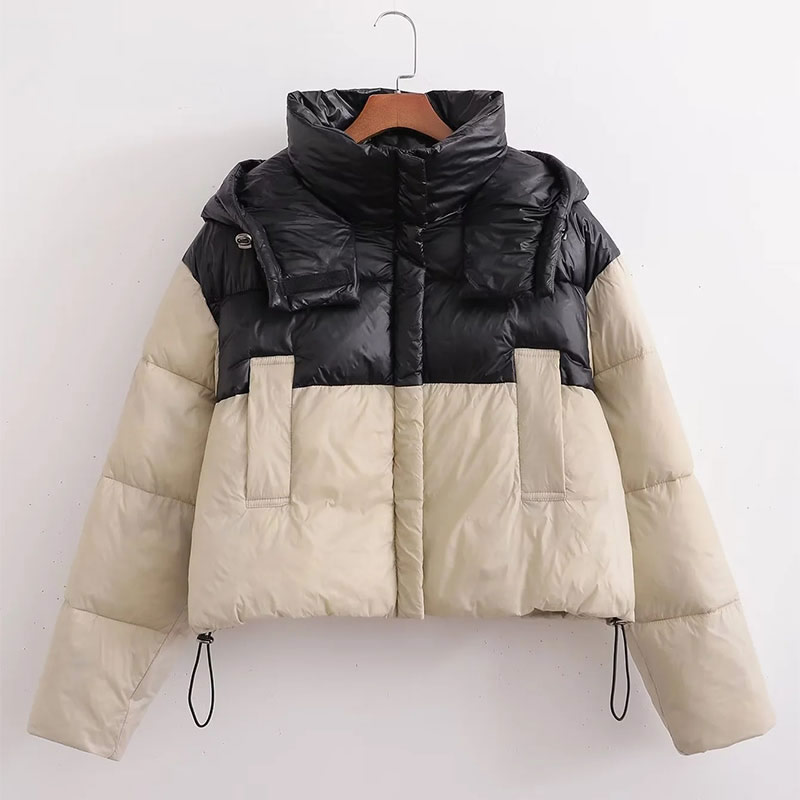 Fashion Color Matching Contrast Stand Collar Hooded Jacket,Coat-Jacket