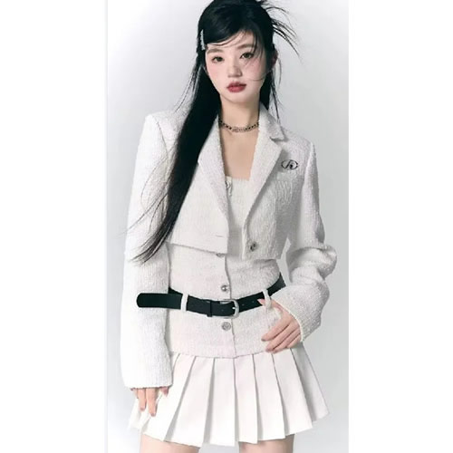 Fashion White Polyester Lapel Single Button Blazer Buttoned Lace Skirt Suit,Suits