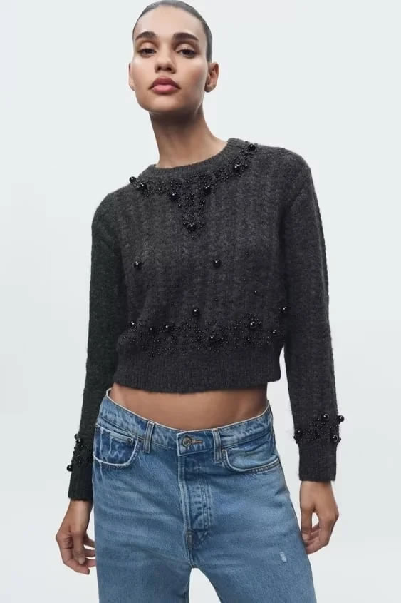 Fashion Dark Gray Polyester Beaded Knit Crew Neck Sweater,Sweater