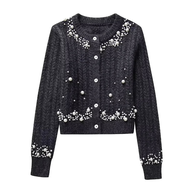 Fashion Black Polyester Beaded Knit Crew Neck Sweater,Sweater