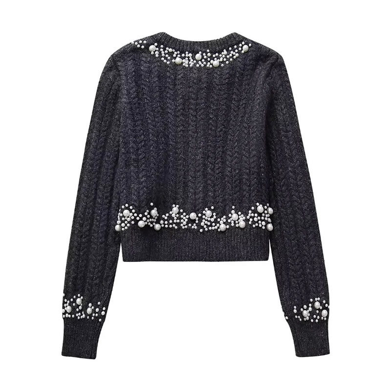 Fashion Black Polyester Beaded Knit Crew Neck Sweater,Sweater