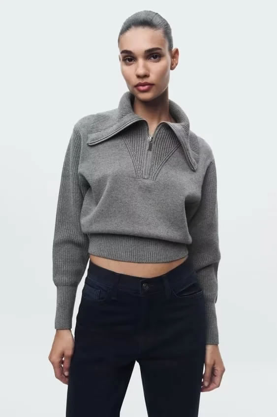 Fashion Grey Knitted Sweater With Zip,Sweater