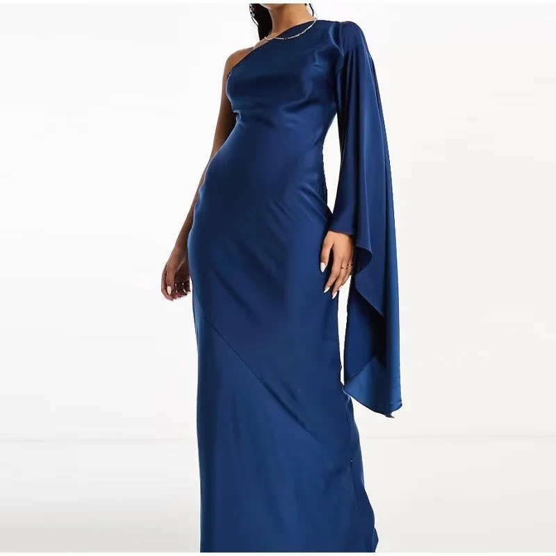 Fashion Blue One Shoulder Long Sleeve Asymmetric Maxi Dress,Long Dress