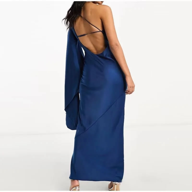 Fashion Blue One Shoulder Long Sleeve Asymmetric Maxi Dress,Long Dress